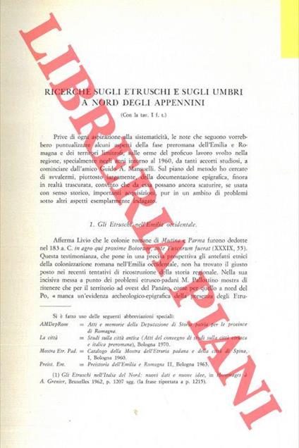 Ricerche sugli Etruschi e sugli Umbri a Nord degli Appennini - Giovanni Colonna - copertina