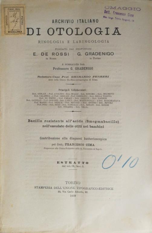 Bacillo resistente all'acido (Smegmabacillo) nell'essudato delle otiti nei bambini - Francesco Cima - copertina