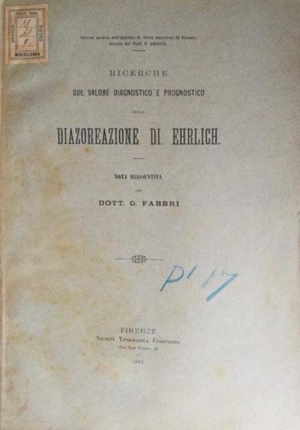 Ricerche sul valore diagnostico e progostico della diazoreazione di Ehrlich - G. Fabbri - copertina