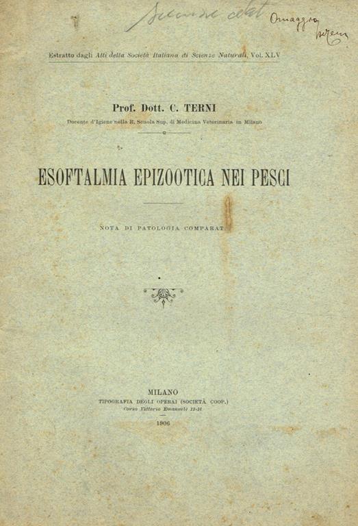 Esoftalmia epizootica nei pesci. Nota di Patologia comparata - copertina