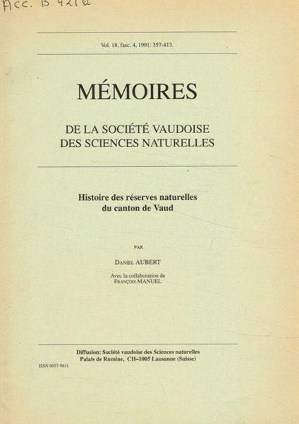 Mémoires de la société vaudoise des sciences naturelles vol.18, fasc.4, anno 1991 - Daniel Auber - copertina