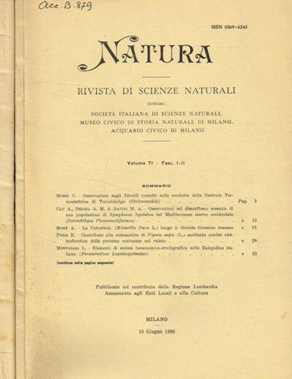 Natura. Rivista di scienze naturali. Vol.71 fasc.1/2, 3/4, anno 1980 - Cesare Conci - copertina