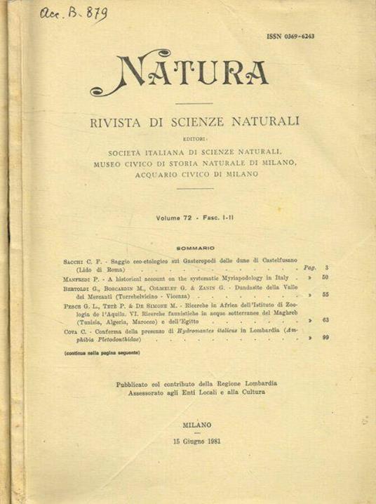Natura. Rivista di scienze naturali. Vol.72 fasc.1/2, 3/4, anno 1981 - Cesare Conci - copertina