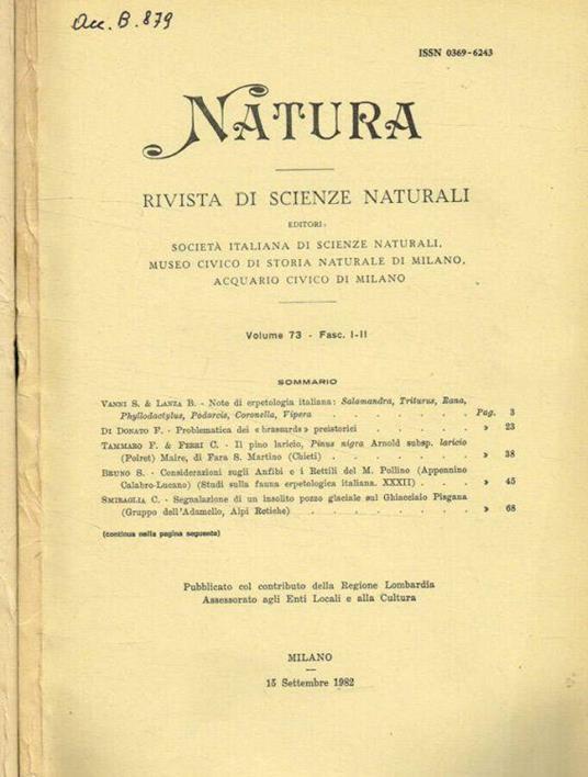 Natura. Rivista di scienze naturali. Vol.73 fasc.1/2, 3/4, anno 1982 - Cesare Conci - copertina