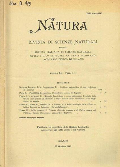 Natura. Rivista di scienze naturali. Vol.74 fasc.1/2, anno 1983 - Cesare Conci - copertina