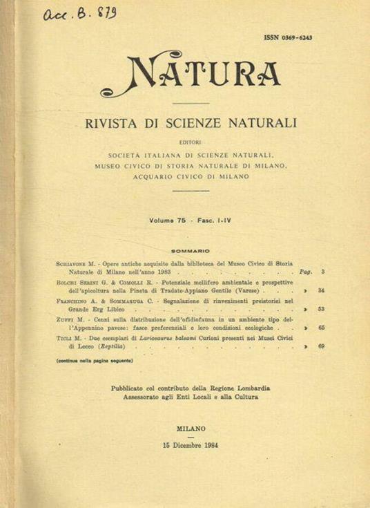 Natura. Rivista di scienze naturali. Vol.75 fasc.1/4, anno 1984 - Cesare Conci - copertina