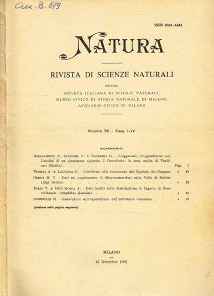 Natura. Rivista di scienze naturali. Vol.76 fasc.1/4, anno 1985 - Cesare Conci - copertina