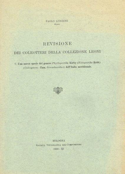 Revisione dei coleotteri della collezione Leoni - Paolo Luccioni - copertina