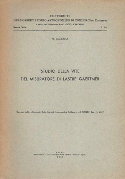 Studio della vite del misuratore di lastre Gaertner - Natale Missale - copertina