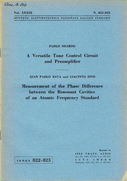 A Versatile Tone Control Circuit and Preamplifier - Measurement of the Phase Difference between the Resonant Cavities of an Atomic Frequency Standard - Paolo M. Soardi - copertina