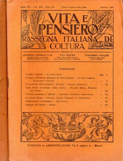 Vita e Pensiero - Fasc. 90-91, Vol. XII. - Anno VII. - 1921 - copertina