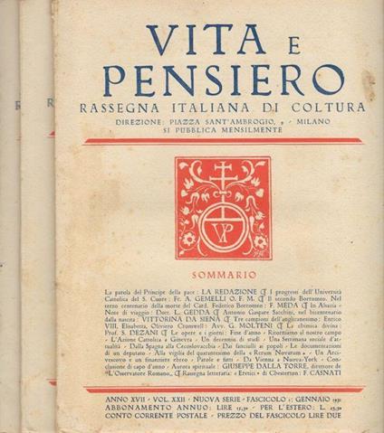 Vita e Pensiero. Rassegna italiana di coltura - copertina