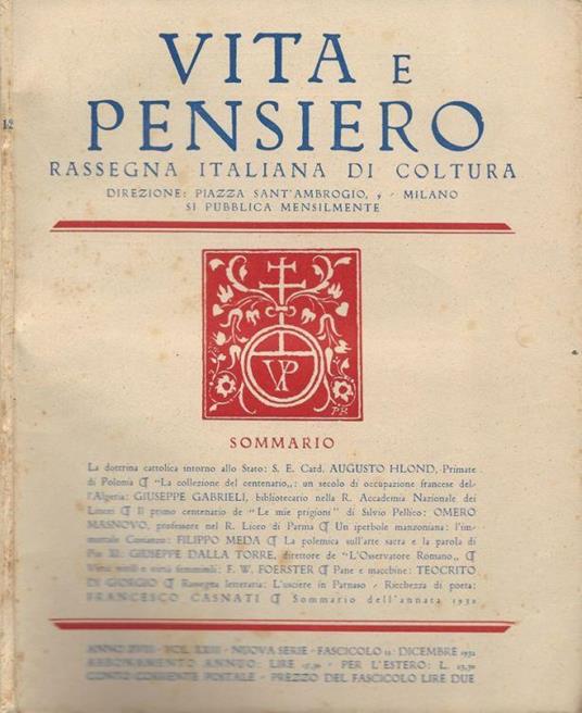 Vita e Pensiero. Rassegna italiana di coltura - copertina