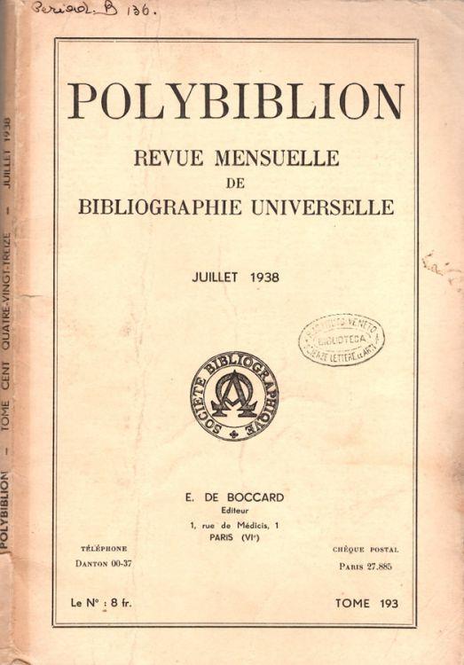 Polybiblion tome 193 juillet 1938 - copertina