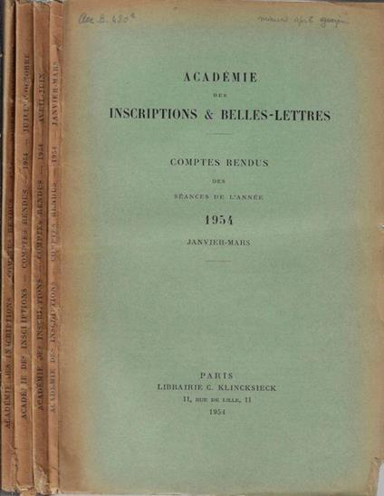 Académie des inscriprions & belles-lettres comptes rendus des séances de l'année 1954 (annata completa) - copertina