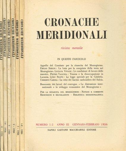 Cronache meridionali. Rivista mensile anno III, 1956, fasc.n.1/2, 3, 5, 6, 7/8, 11 - copertina