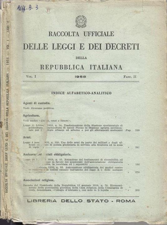 Raccolta ufficiale delle Leggi e dei Decreti della Repubblica Italiana - copertina