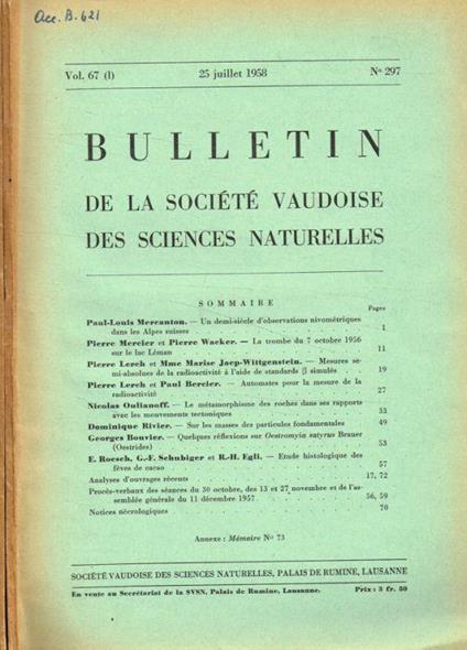 Bulletin de la société Vaudoise des sciences naturelles vol.67 fasc.1, 2, juillet octobre 1958 - copertina