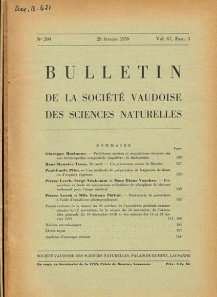 Bulletin de la société Vaudoise des sciences naturelles vol.67 fasc.3, 4, 1959 - copertina