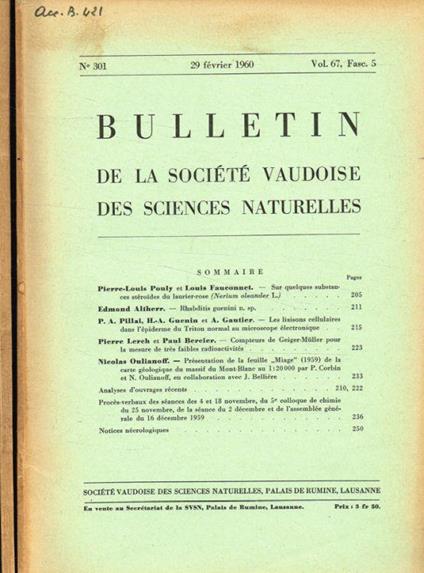 Bulletin de la société Vaudoise des sciences naturelles vol.67 fasc.5, 6, 1960 - copertina