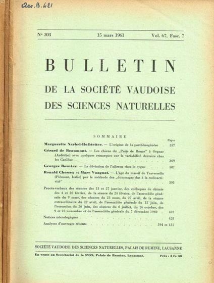 Bulletin de la société Vaudoise des sciences naturelles vol.67, fasc.7, 8, 9, 1961 - copertina