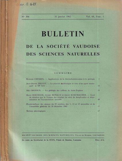 Bulletin de la Société Vaudoise des sciences naturelles N. 306, 307, 308, 309 1962 - copertina