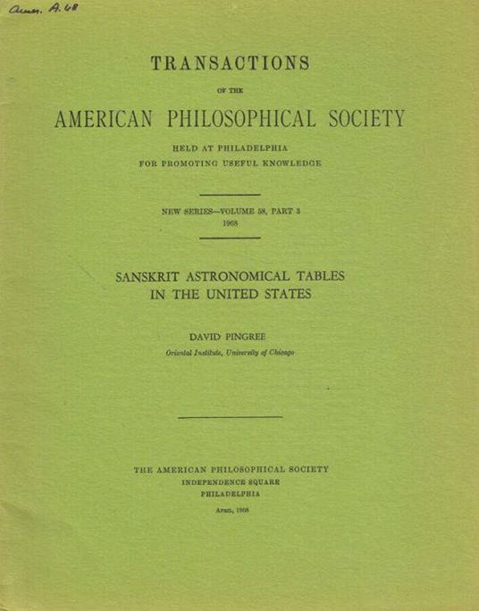 Transactions of the american philosophical society held at Philadelphia for promoting useful knowledge. New series, volume 58, part 3, 1968 - copertina