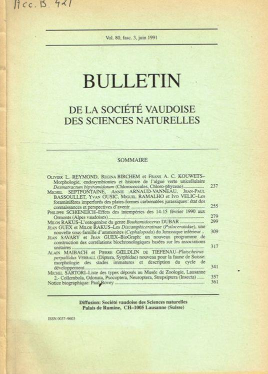 Bulletin de la société Vaudoise des sciences naturelles vol.80 fasc.3, juin 1991 - copertina