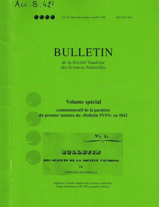 Bulletin de la Société Vaudoise des Sciences Naturelles. Vol.81 fascicule unique, octobre 1992 - copertina