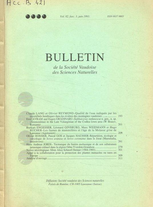 Bulletin de la Societé Vaudoise des Sciences Naturelles. Vol.82, fasc.3, juin 1993 - copertina