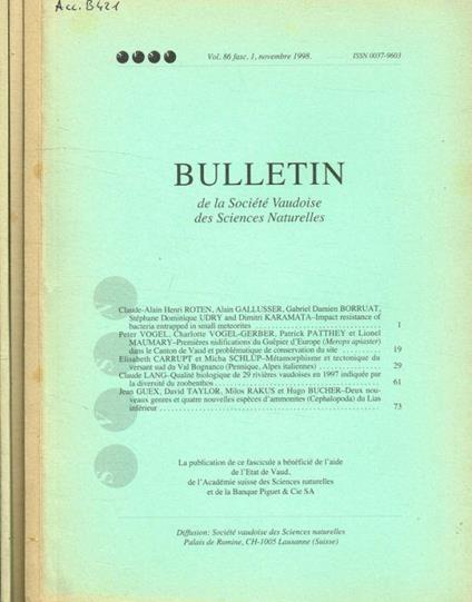 Bulletin de la Societé Vaudoise des Sciences Naturelles. Vol.86, fasc.1, 2, 3, novembre-dicembre 1998, settembre 1999 - copertina