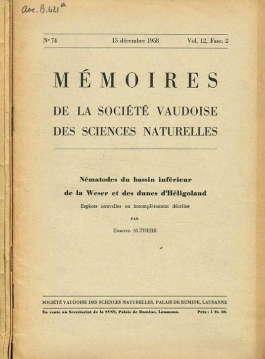 Mémoires de la société vaudoise des sciences naturelles vol.12 fasc.2, 3, 4, 5, anno 1958-60 - copertina