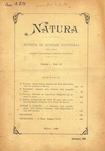 Natura. Rivista di scienze naturali. Vol.L fasc.III, anno 1959 - copertina