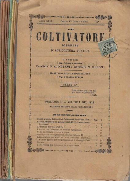 Il coltivatore anno 1872 n. 1, 2, 5, 6, 7, 8, 9, 11, 12 - copertina