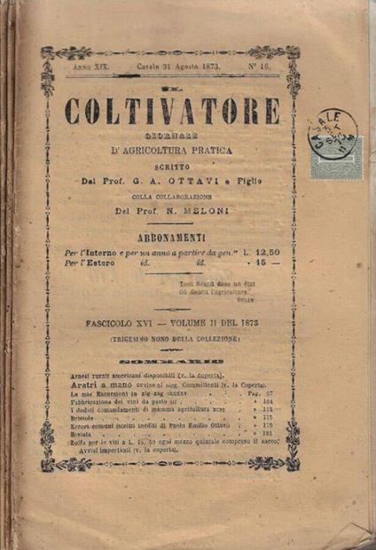 Il coltivatore anno 1873 n. 16, 17, 18 - copertina