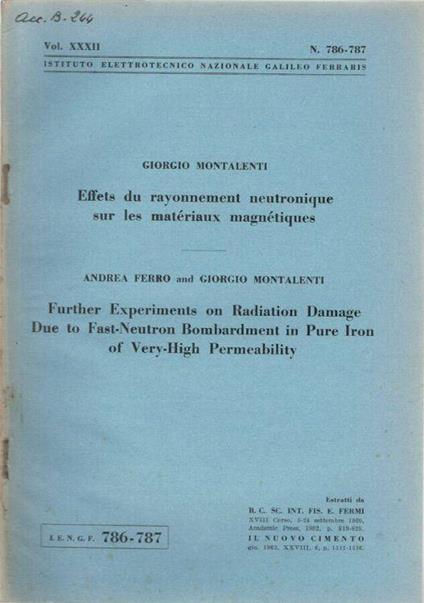 Effets du rayonnement neutronique sur les matériaux magnétiques - Further Experiments in Radiation Damage Due to Fast-Neutron Bombardment in Pure Iron of Very-High Permeability - copertina