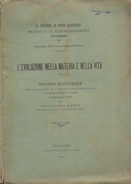 L' evoluzione nella materia e nella vita - copertina