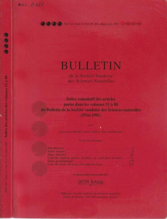 Bulletin de la societe Vaudoise des Sciences Naturelles 1998 - copertina