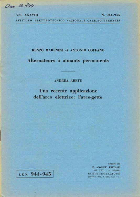 Alternateurs à aimants permanents - Una recente applicazione dell'arco elettrico: l'arco-getto - copertina