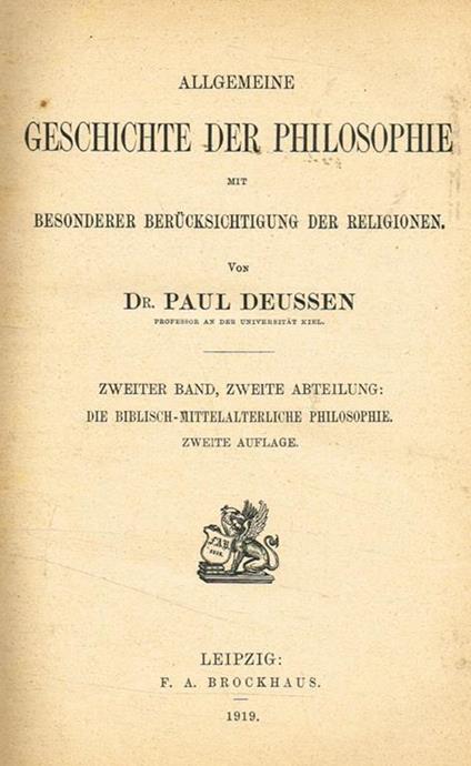Allgemeine geschichte der philosophie mit besonderer berucksichtigung der religionen vol.II - Dr.Paul Deussen - copertina