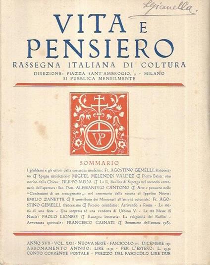 Vita e pensiero Anno XVII, Vol. XXII, Nuova serie, fascicolo 12. Rassegna italiana di coltura - copertina