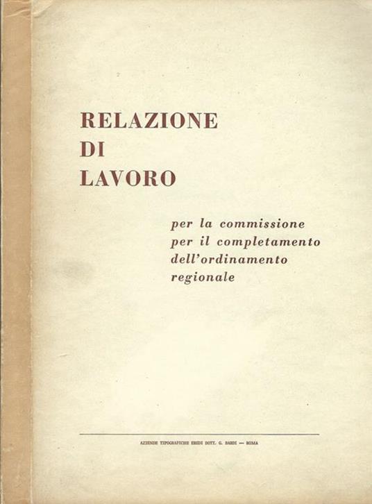 Relazione di lavoro per la commissione, per il completamento dell'ordine regionale - copertina