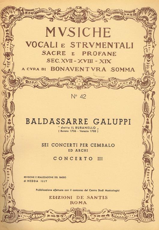 Sei concerti per cembalo ed archi, concerto III - Baldassarre Galuppi - copertina