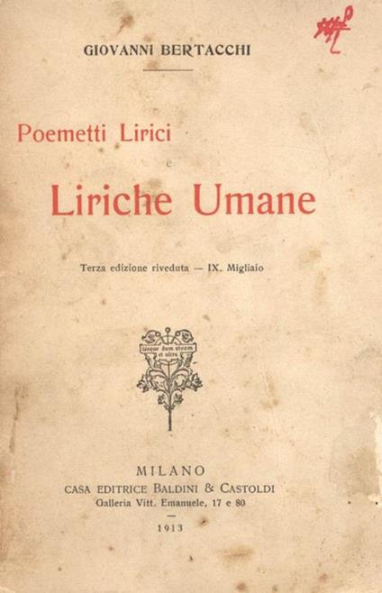 Poemetti Lirici e Liriche Umane - Giovanni Bertacchi - copertina