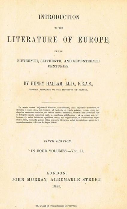 Introduction To the Literature of Europe in the Fifteenth, SIXteenth and Seventeenth Centuries Vol. II - Henry Hallam - copertina