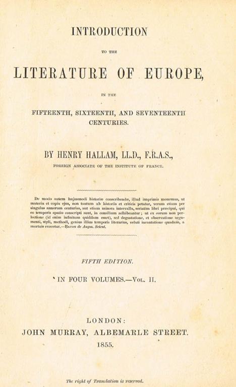 Introduction To the Literature of Europe in the Fifteenth, SIXteenth and Seventeenth Centuries Vol. II - Henry Hallam - copertina