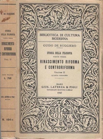 Storia della filosofia, parte terza. Rinascimento riforma e controriforma, vol. II - Guido De Ruggiero - copertina