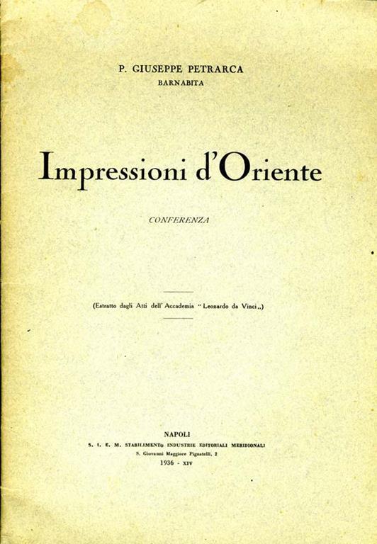 Impressioni d'oriente. Conferenza - P. Giuseppe Petrarca - copertina