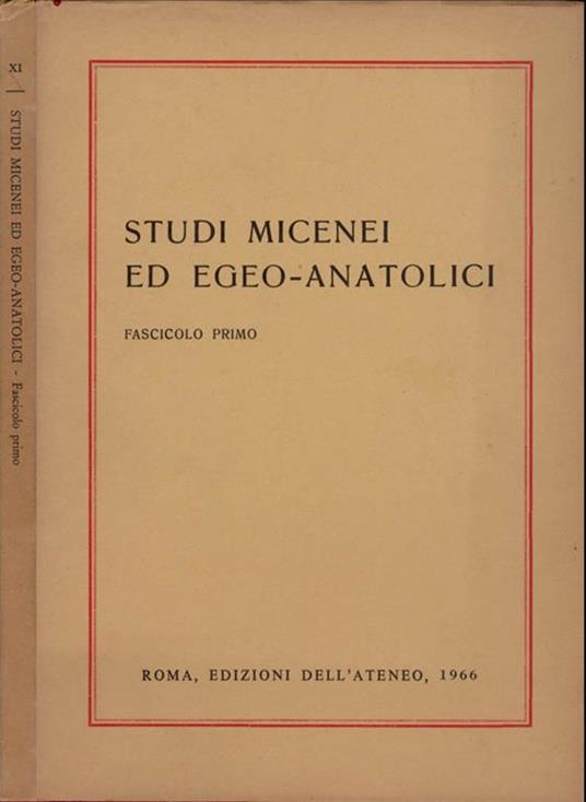 Studi Micenei ed Egeo-Anatolici VOL. XI. Fascicolo primo - copertina