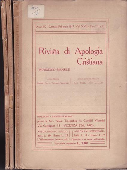 Rivista di apologia cristiana Anno IX volumi XVII (fascicoli I e II), XVIII(fascicoli III e IV) , XVIII (fascicoli V e VI) - copertina